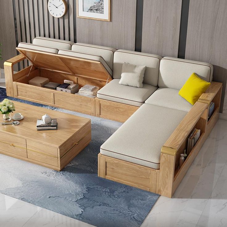 Sofa góc HHG 02 kiểu chữ L tích hợp ngăn chứa đồ thông minh, nệm vải màu kem sang trọng, phù hợp phòng khách hiện đại.