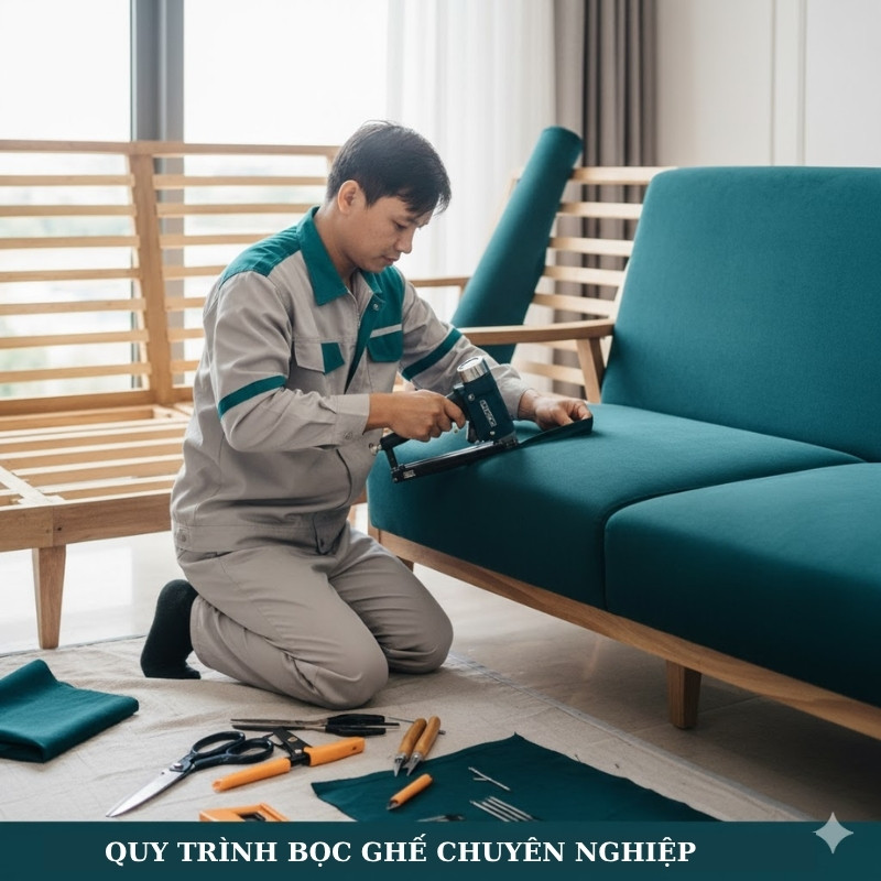 Thi công tại nhà ghế sofa của khách