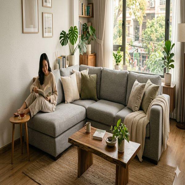 Sofa góc HHL303 thiết kế hiện đại, tối ưu không gian phòng khách.