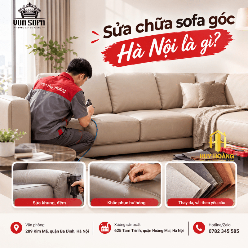 Khi lựa chọn sửa chữa sofa góc Hà Nội, khách hàng nên kiểm tra kỹ tình trạng khung, đệm và lớp bọc để xác định phương án xử lý phù hợp.