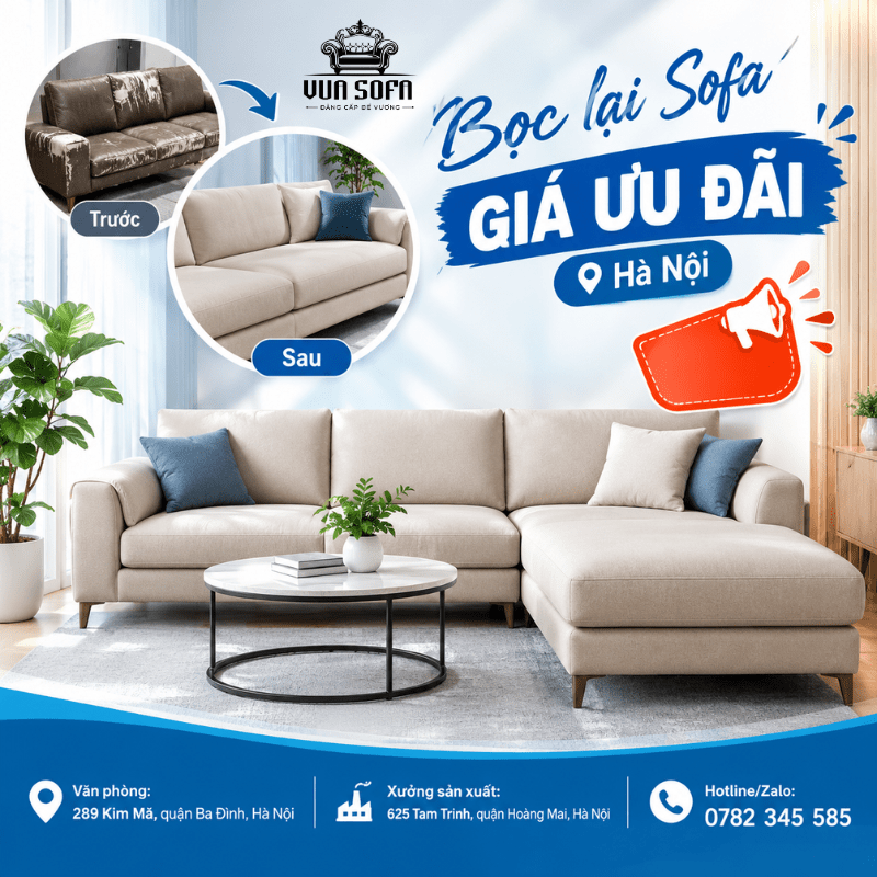 Dịch vụ bọc lại sofa giá ưu đãi Hà Nội hỗ trợ đa dạng chất liệu, màu sắc, phù hợp với nhu cầu và phong cách nội thất của từng gia đình.
